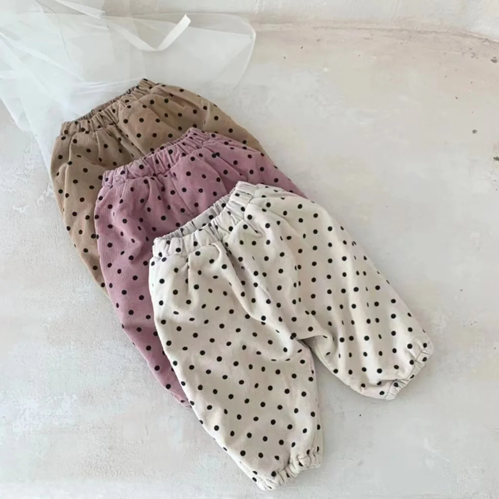 2024 Winter New Baby Plus Velvet Thick Corduroy Trousers Girls Dot Print Casual Pants Boys Versatile Warm Pants Infant Clothes