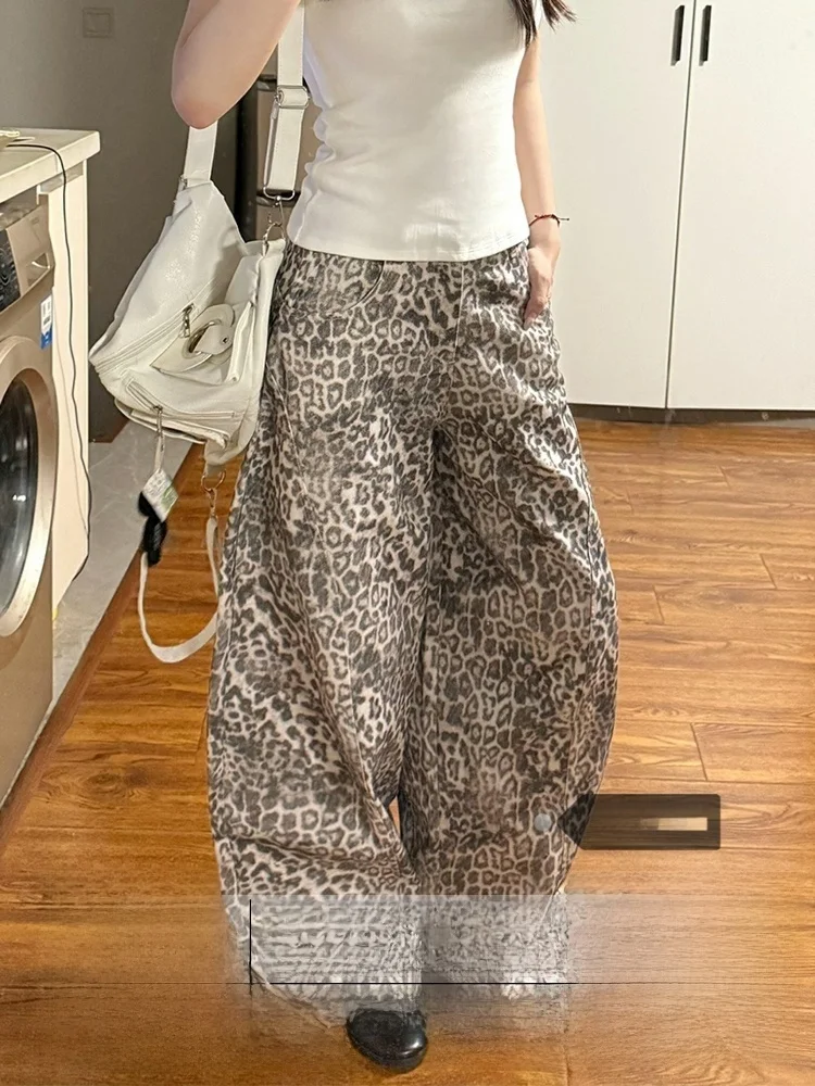 

Женские джинсы в стиле ретро в американском стиле с леопардовым принтом, осень-зима, свободные широкие брюки с высокой талией, повседневные брюки без бренда