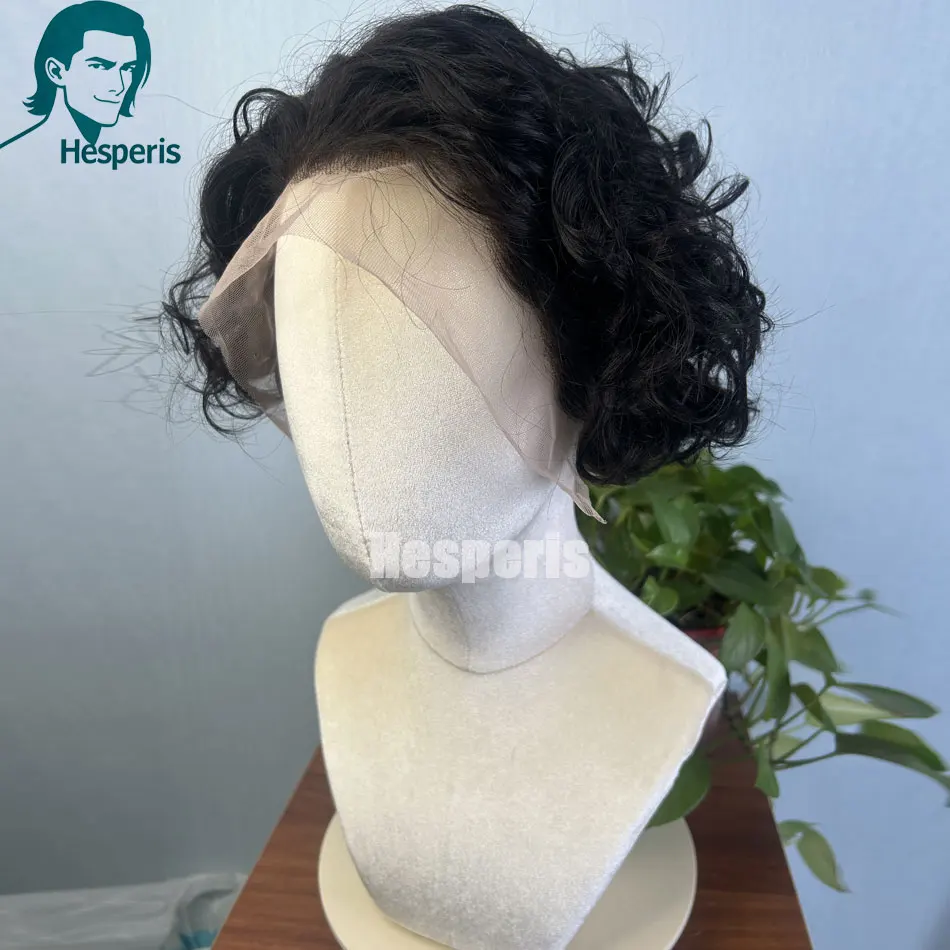 วิกผมผู้ชาย Hesperis สีธรรมชาติ ผมแท้ แบบสั้นหยิก 13x6 วิกผมลูกไม้ด้านหน้า สำหรับผู้ชายหล่อ ใส่ได้ทุกวัน ไม่ต้องใช้กาว วิกผมหยิก