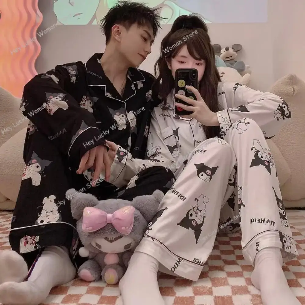 

Пижамы для пар Kuromi с героями мультфильмов Sanrios, новые хлопковые пижамные штаны с длинными рукавами в стиле аниме, комплект мужской и женской модной одежды для отдыха