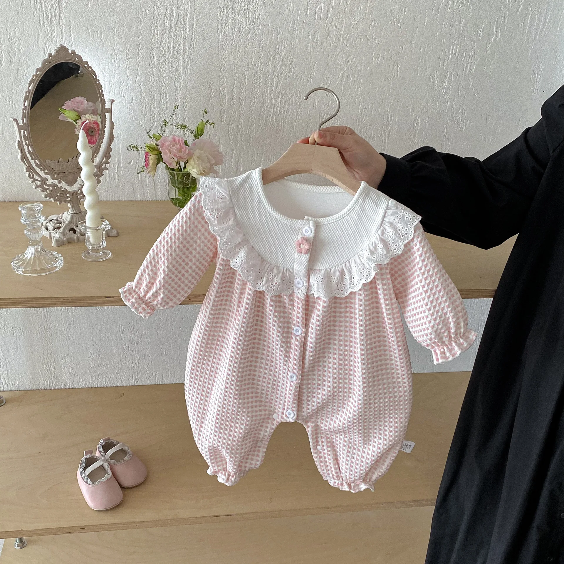 Infant Girl Sweet Lace Plaid Jumpsuit Cotton Newborn Toddler Clothes 0-24M 2025 Autumn New Baby Long Sleeve Bodysuit Solid