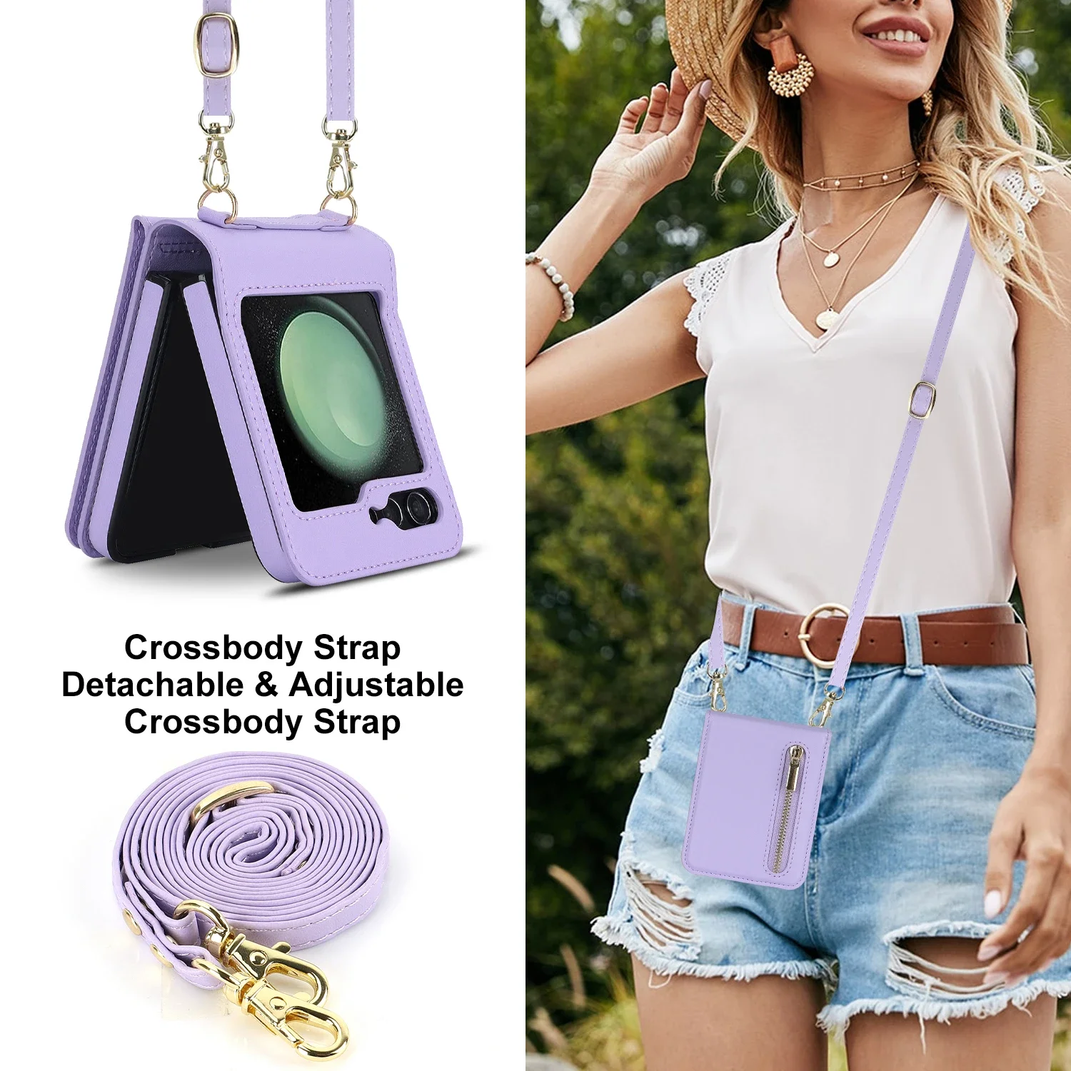 

Zipper Wallet Vertical Cards Solt Crossbody Case for Samsung Galaxy Z Flip 7 SE 6 5 4 Shoulder Strap Lanyard Holder Purse Cover