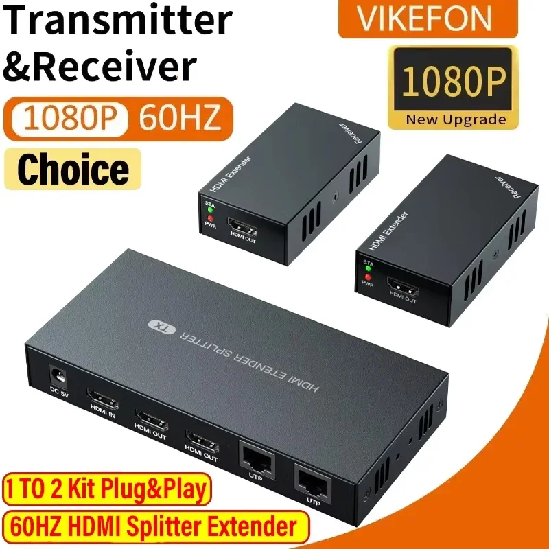 1080P HDMI Rj45 Extender By Ethernet Cat6 Cable 50m Video Transmitter Receiver Kit 1X2 Splitter for PC TV Monitor Projector