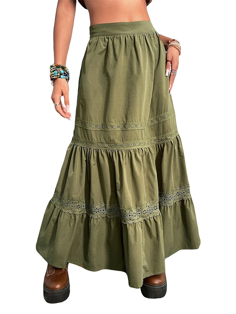 Women Long Skirt Vintage Lace Patchwork Loose Summer Ladies Skirt for Casual Daily