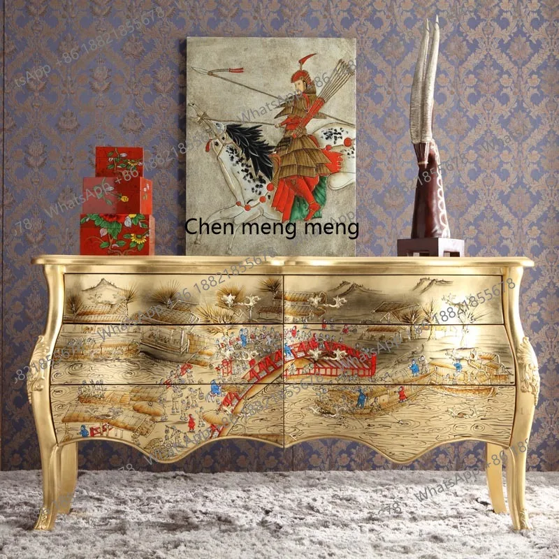 

New Chinese gold foil painted solid wood foyer decorative entrance cabinet display cabinet