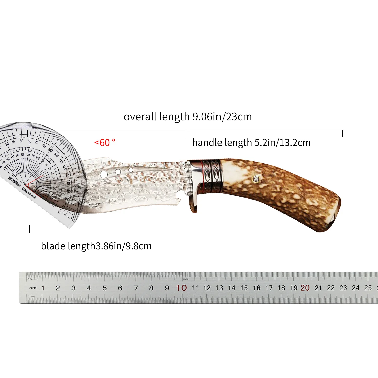 VG10 Core 67 Layers Damascus Steel Outdoor Tool, Stag Horn Handle, 9.06inch, Leather Sheath, for Camping Hiking Fishing Wood Car