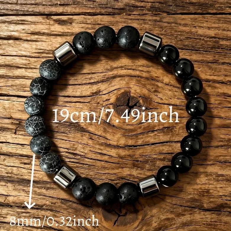 Black Weathered Volcanic Stone Black Dan Stone Cylinder Beaded Bracelet Vintage Retro Handmade Gift For Women Men