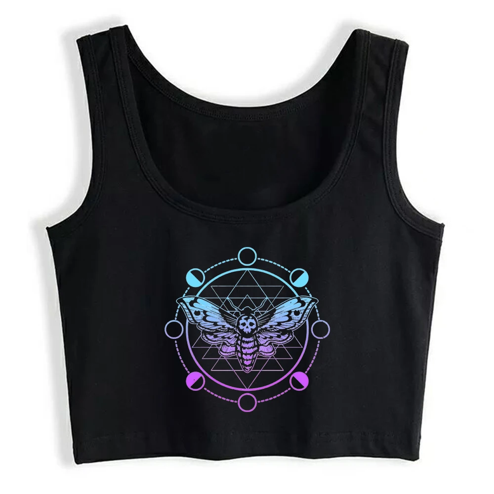 Occult Gradient Moth Moon Phases Aesthetic Design Sexy Slim Fit Crop Top Women's Street Fashion Gothic Cotton Sports Tank Top