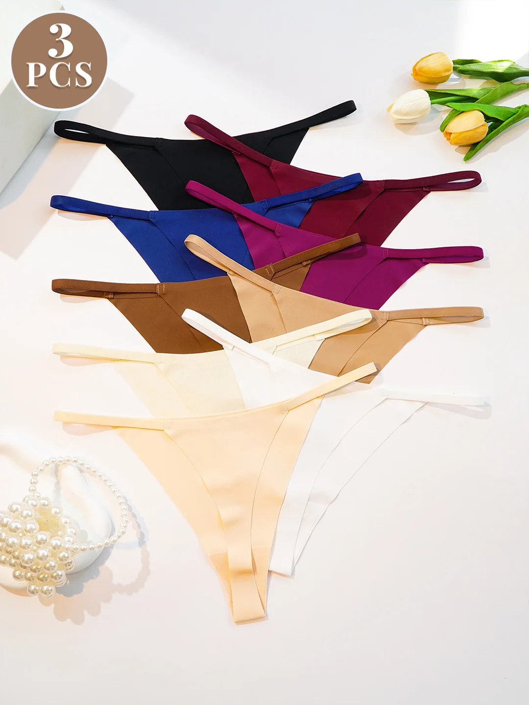 3ks dámské kalhotky sexy tanga jednobarevné kalhotky s nízkým pasem bezešvé tangá měkké spodní prádlo kalhotky spodní prádlo - náhled 3