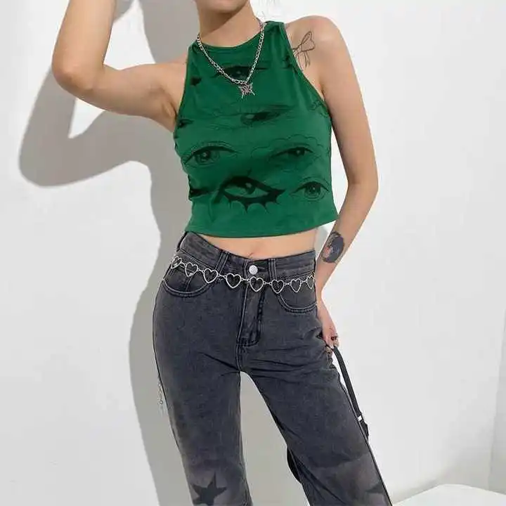 Y2k Tank Top Harajuku estetyka nadruk oczy aplikacja bez rękawów Casual Rock Grunge Streetwear grafika Emo-Girl krótkie bluzki