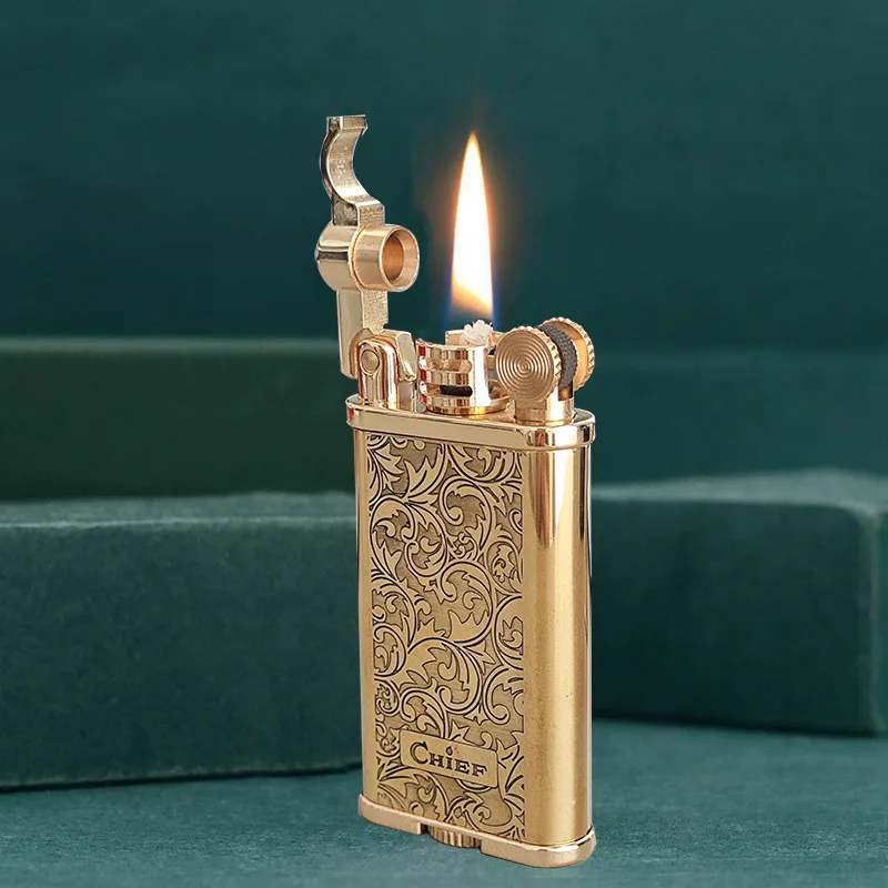 

Chief Brass Retro Windproof Grinding Wheel Kerosine Lighter Double-sided Carved Lighter Gift for Men's Cigarette Accessories