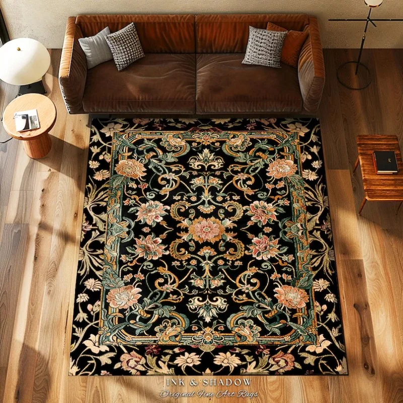 Dark Floral Victorian Rug Wildflower Aesthetic Living Room Gothic Home Decor Rustic Gift Dark Academia Bedroom Folklore Decor