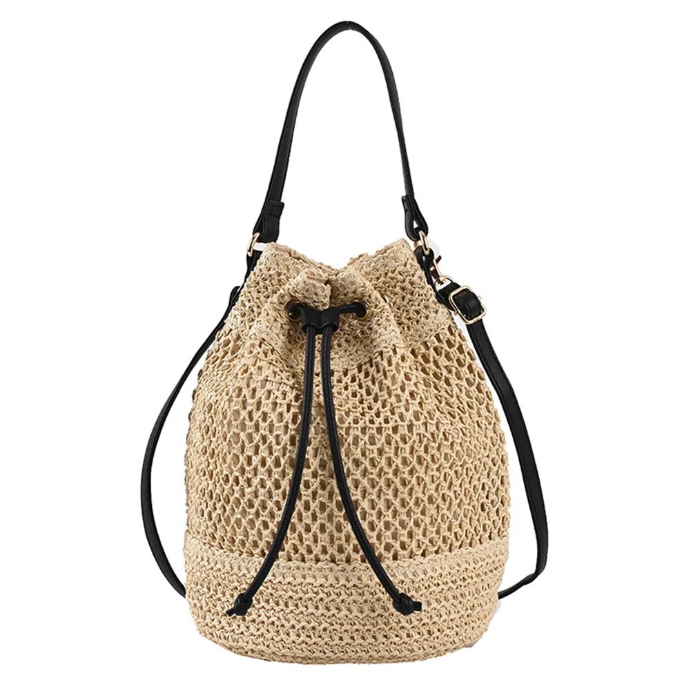 

Summer Hand-Woven Handbag Drawstring Straw Beach Crossbody Bags Adjustable Strap Fashion Portable Elegant for Weekend Vacation