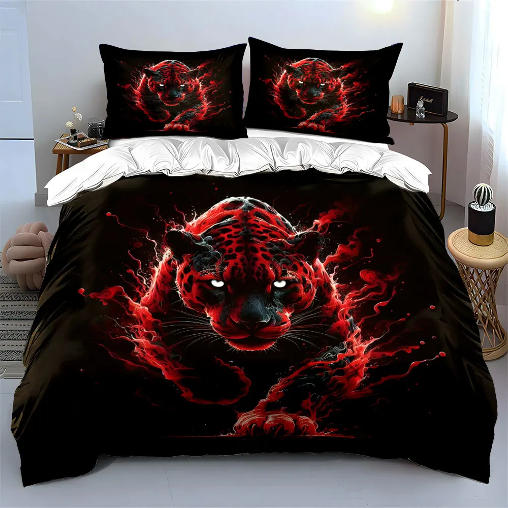 3pcs Red Jaguar with Fiery Effects Print Bedding Set 1 Duvet Cover 2 Pillowcases for Adult and Children Luxury Gift Full Size