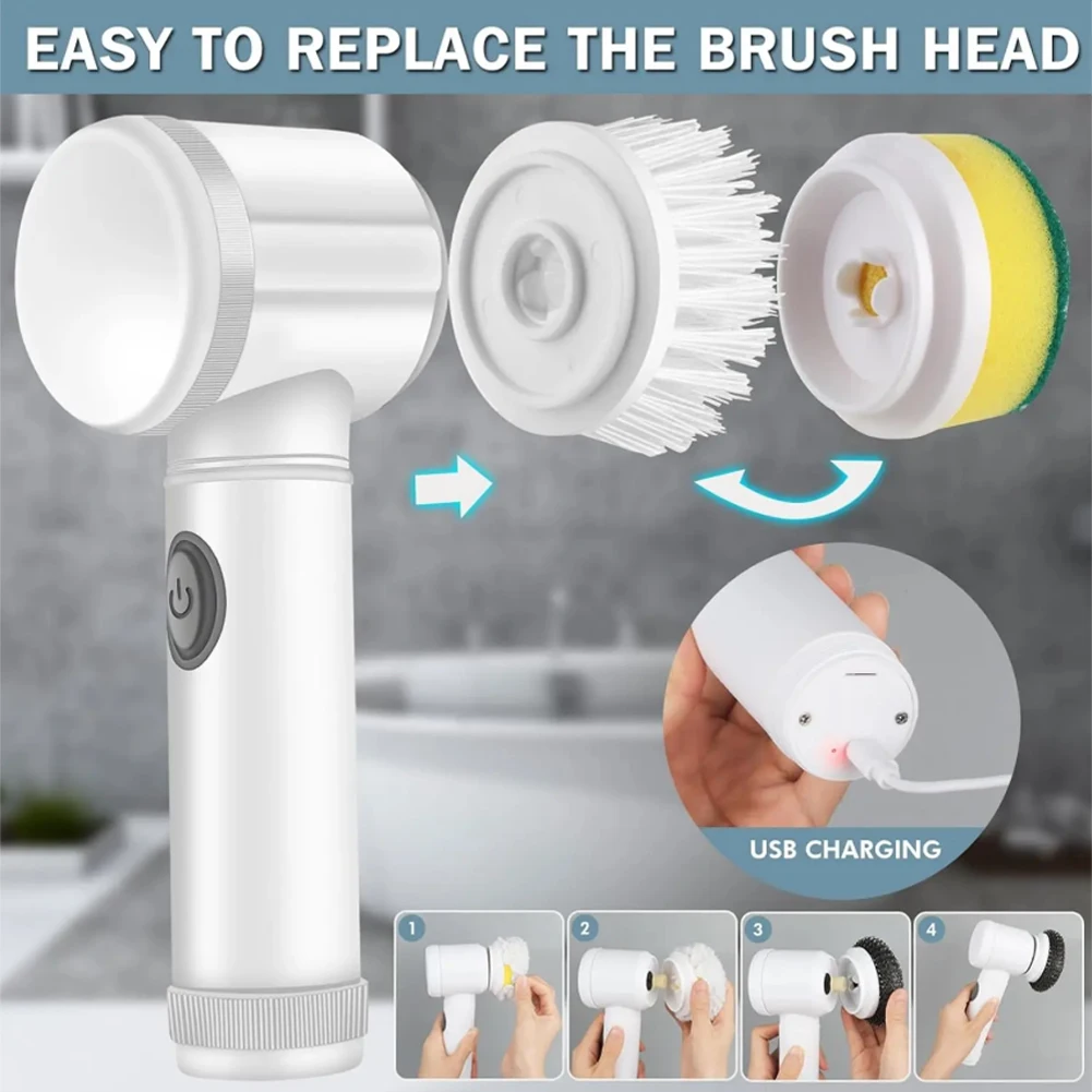 Electric Cleaning Brush Spin Handheld 5in1 2024 New With 5 Replaceable Heads Cordless Wireless Scrubber for Kitchen Bathroom