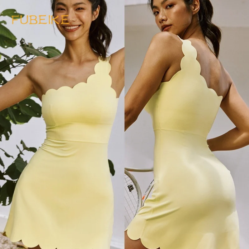 

FUBEIKE Off-Shoulder Sports Lace Tennis Dress Tight Yoga Sporty Jumpsuit Woman With Chest Pads One-Piece Fitness Female Clothing