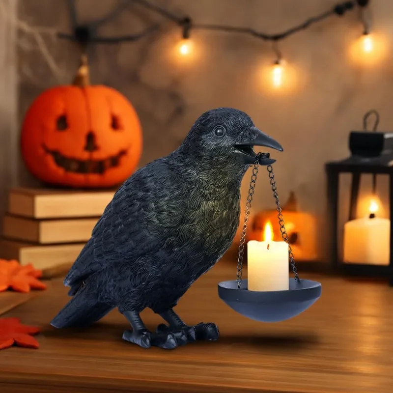 Gothic Style Resin Raven Tealight Holder Black Crow Bird Statue For Halloween Indoor Home Desktop Shelf Tabletop Ornament Gift