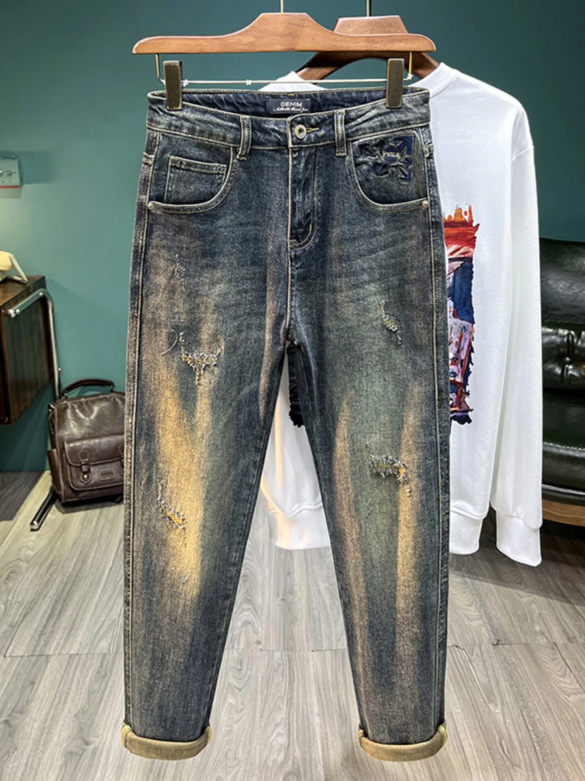 

Retro Distressed Men's Jeans Loose Fit Elastic Waist Cotton Denim Spring Autumn Casual Wear Wear Resistant Straight Leg Jeans
