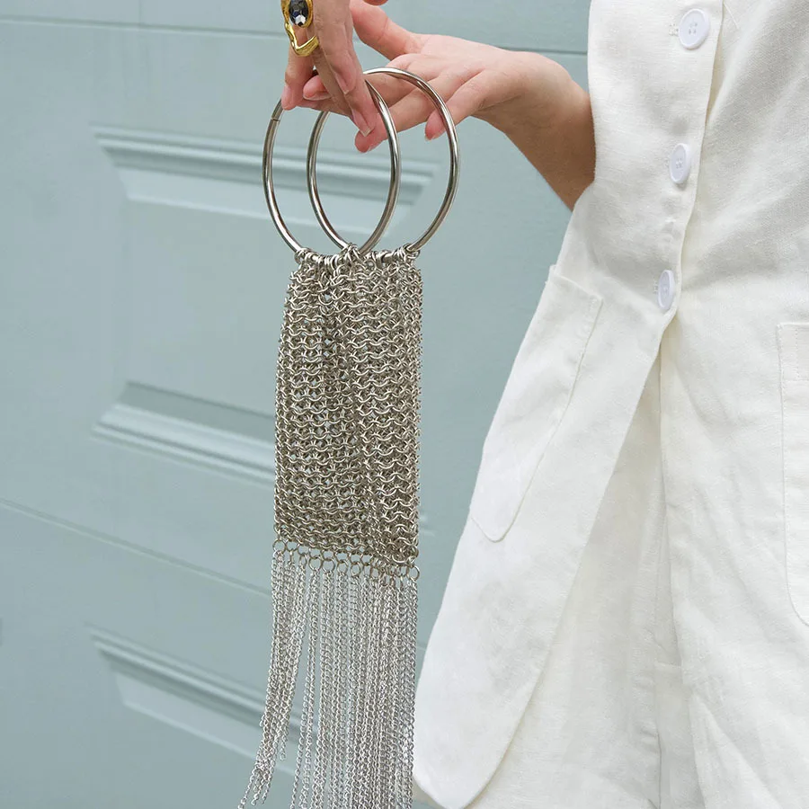 Silver Circular Handbags for Women Elegant Metal Hollow Out Chain Mesh Bags Summer Hanging Long Tassel Mini Dinner Bag