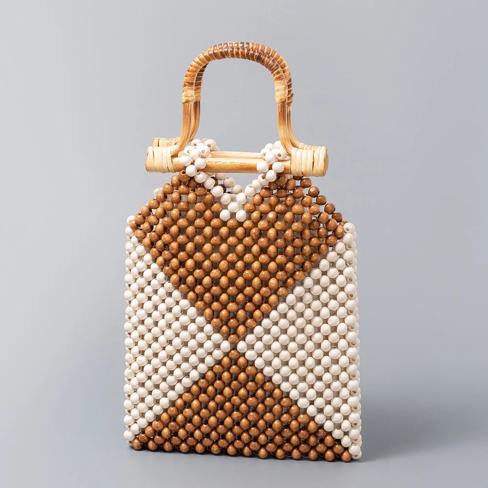 

Handwoven Color Blo Wooden Bead Bag Bamboo Hollow out Crossbody Bag for Beach Vaion ex Street Sle Cool Trend Bag
