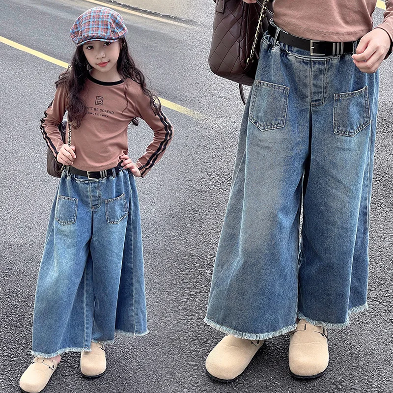 2024 Korean Spring Autumn Junior Girl Jeans Elementary Girl Retro Denim Wide-leg Pants School Girl High Waisted Denim Trousers