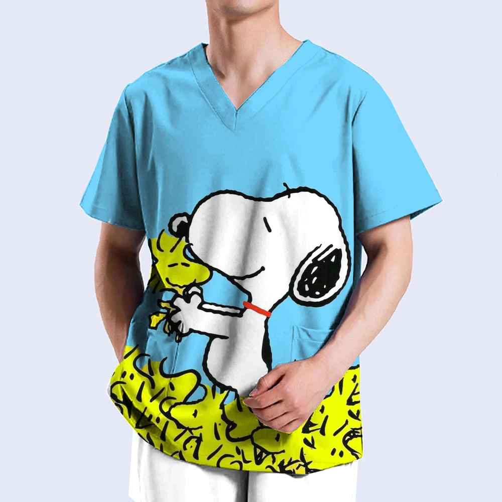 Cartoon Nursing Scrubs Tops Nurse Uniform Snoopy Print T-shirt PEANUTS Man Women Fashion V-neck Pocket Medical Workwear y2k top