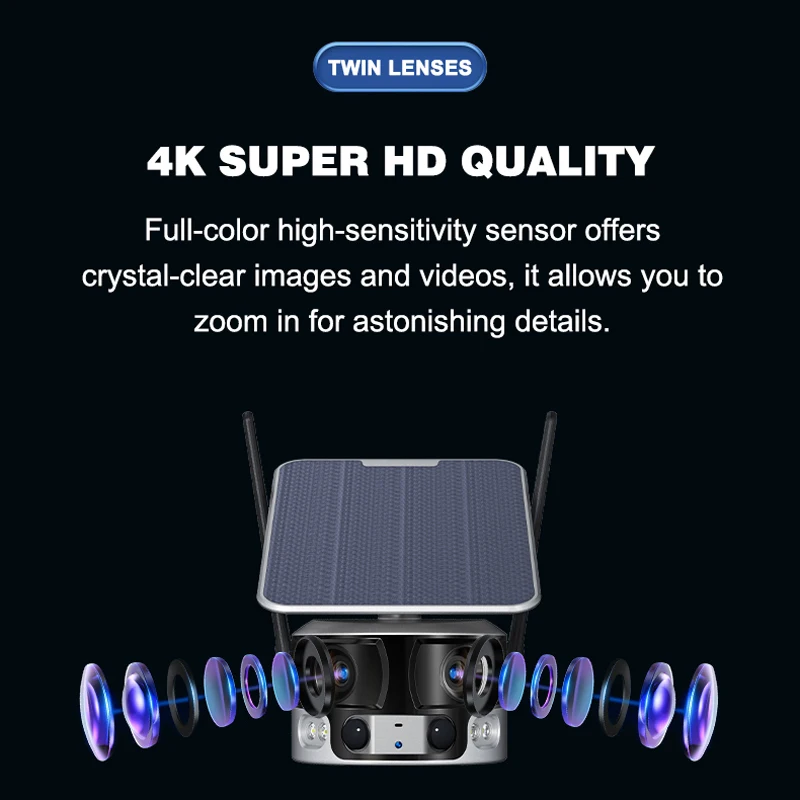 4K Dual Lens Solar Camera 4G Outdoor Construction Site Camera 4X Zoom 4G Solar Camera Audio Night Vision Human Tracking