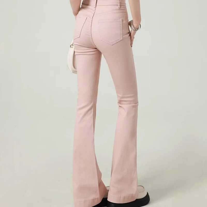 Women's Light pink skinny jeans2025popular autumn and winter high waist slim slim flare pants