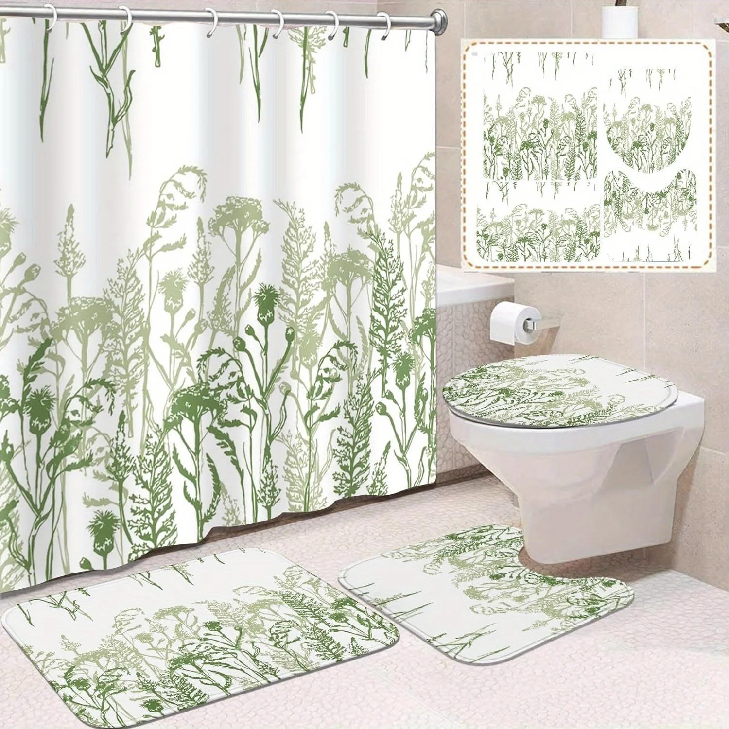 

4pc Vintage green leaf pattern, machine washable, polyester fabric, shower curtain, toilet mat, non-slip mat, U-shaped mat