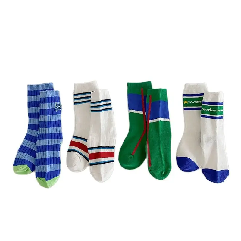 1-12Year 4Pairs Pack 2023 Spring Contrast Stripe Medium Socks Sporty Boys\' Thin Baby Socks