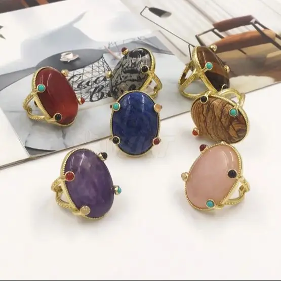 

WT-R586 Retro Vibe Unisex Accessory Natural Gemstone&Stone Beads Paved 18k Gold Plated Can Be Adjustable Rings