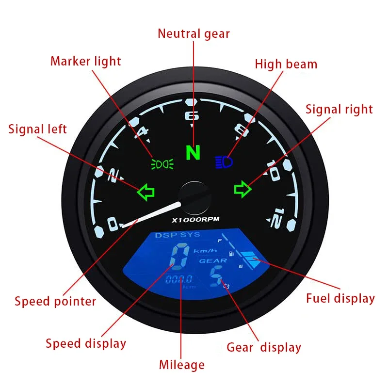 

New Digital Motorcycle Gauge Panel Speedometer 199MPH Kmh ODO Tachometer 12000RPM with Gear Indicator Alarm Light Display 8-18V