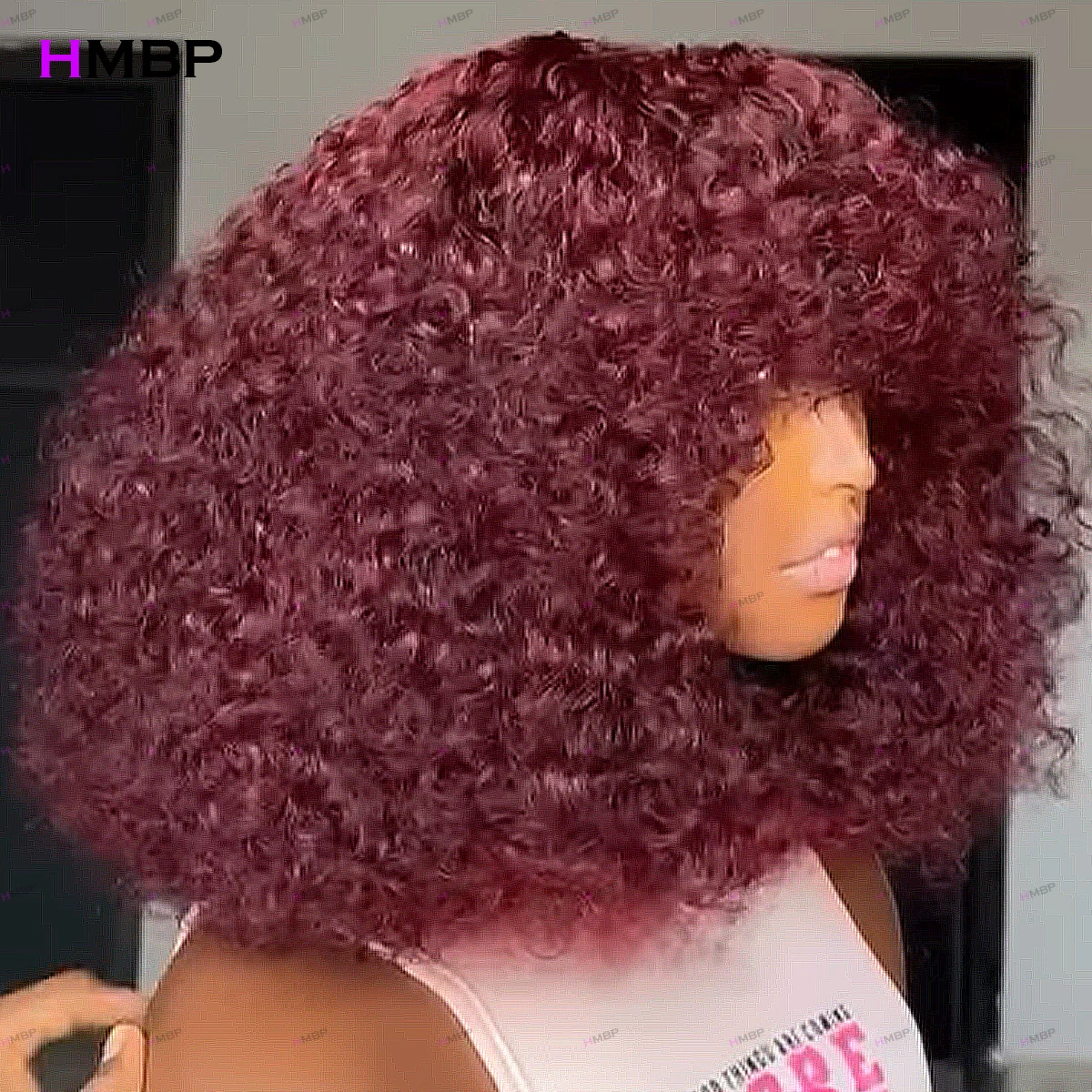 

99J Color Afro Kinky Curly With Bangs 360 HD Lace Wig 450 Density Glueless Lace Front Wig Human Hair Ready To Go For Women HMBP