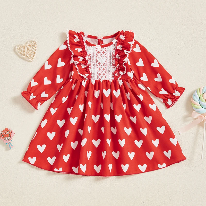 Newborn Baby Kid Girl Valentines Day Princess Dress Party Casual Baby Girl Heart Print Ruffle Lace Trim Long Sleeve A-line Dress