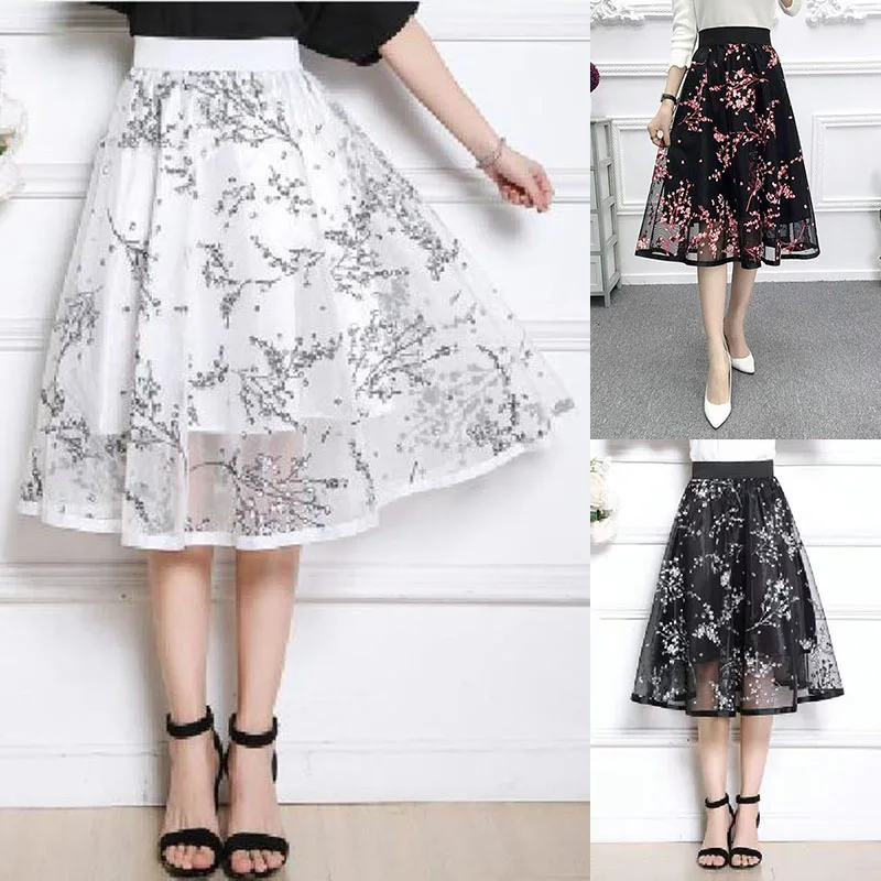 2024 New Big Size Woman Skirts Gray Elastic Waist Ball Gown Mesh Maxi Skirt Gray Black Elegant Ladies Long Skirts faldas para