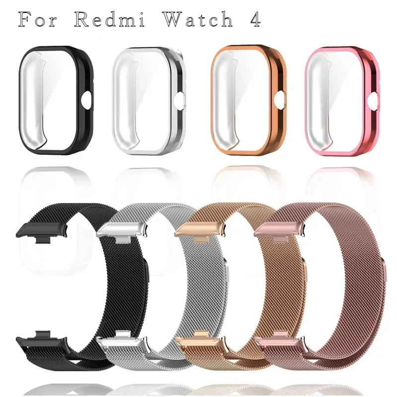 TPC Case+Metal Strap For Xiaomi Redmi Watch 4 Band With TPU Soft Case Screen Protector Replacement Milanese Magnetic Watchband