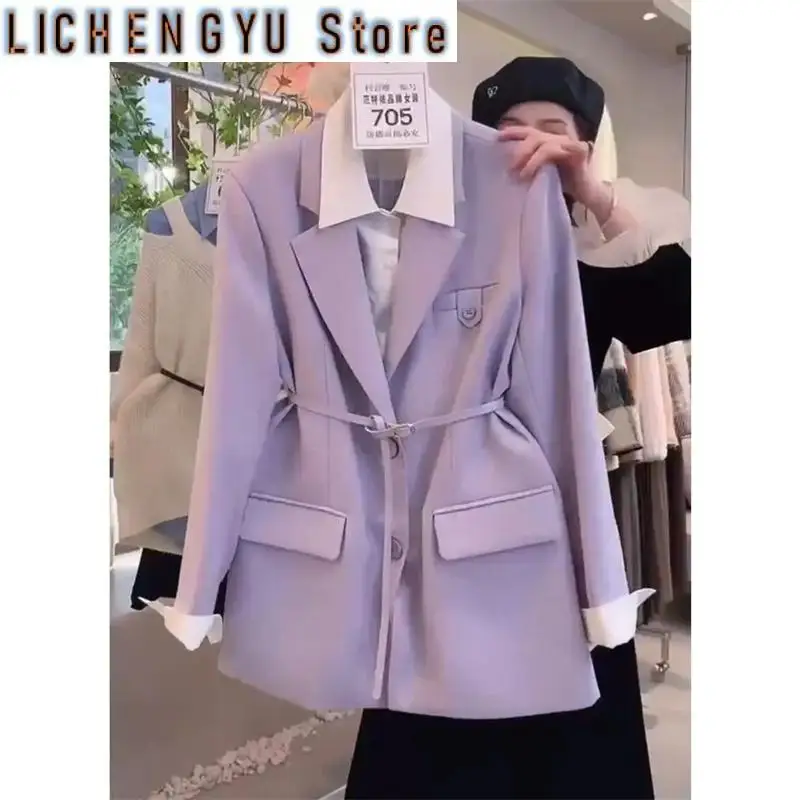 Spring  Autumn New Women\'s Blazer Jacket Long Sleeved Fashion Purple Coat Advanced Sense Fashion Fake Two Suits Female Tops