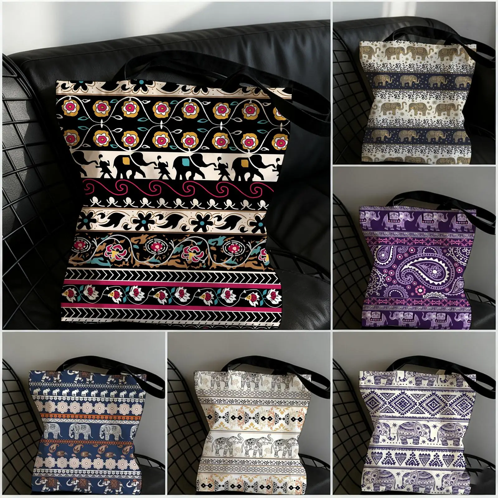 

Elephant pattern Storage Bags Double-Sided Printed Canvas Tote Bag Large Capacity Women Shoulder Handbag