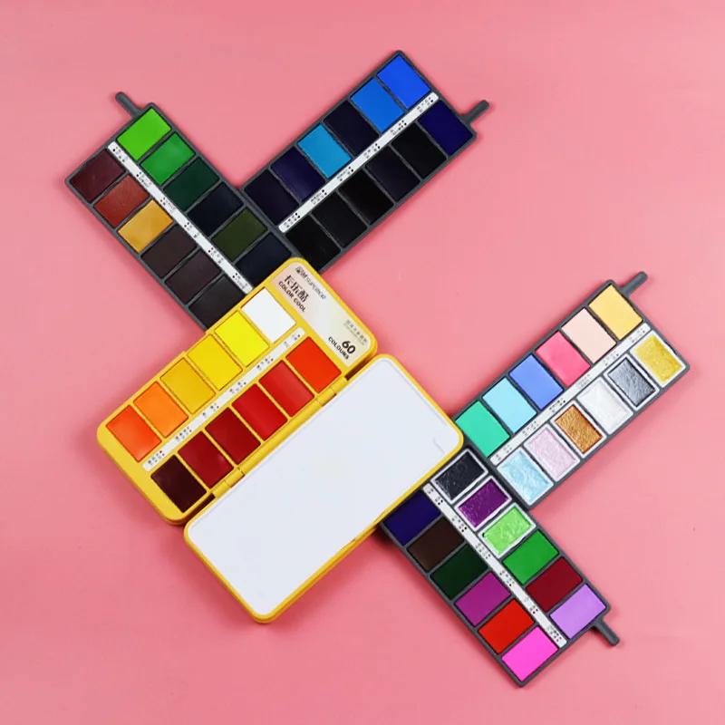 Solid Watercolor Paint Set for Students and Beginners, 36 48 60 Color Portable Watercolor Palette Kit with Large Mixing Tray