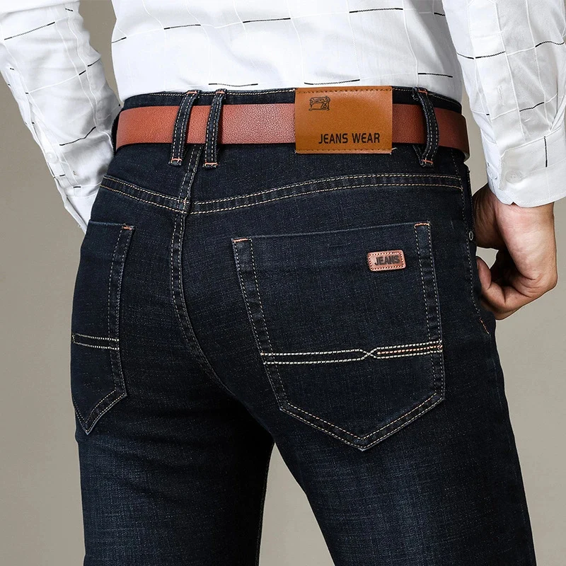Autumn Winter Classic Men's Stretch Jeans Business Casual Cotton Denim Slim Straight Leg Pants Black Blue Trousers Male