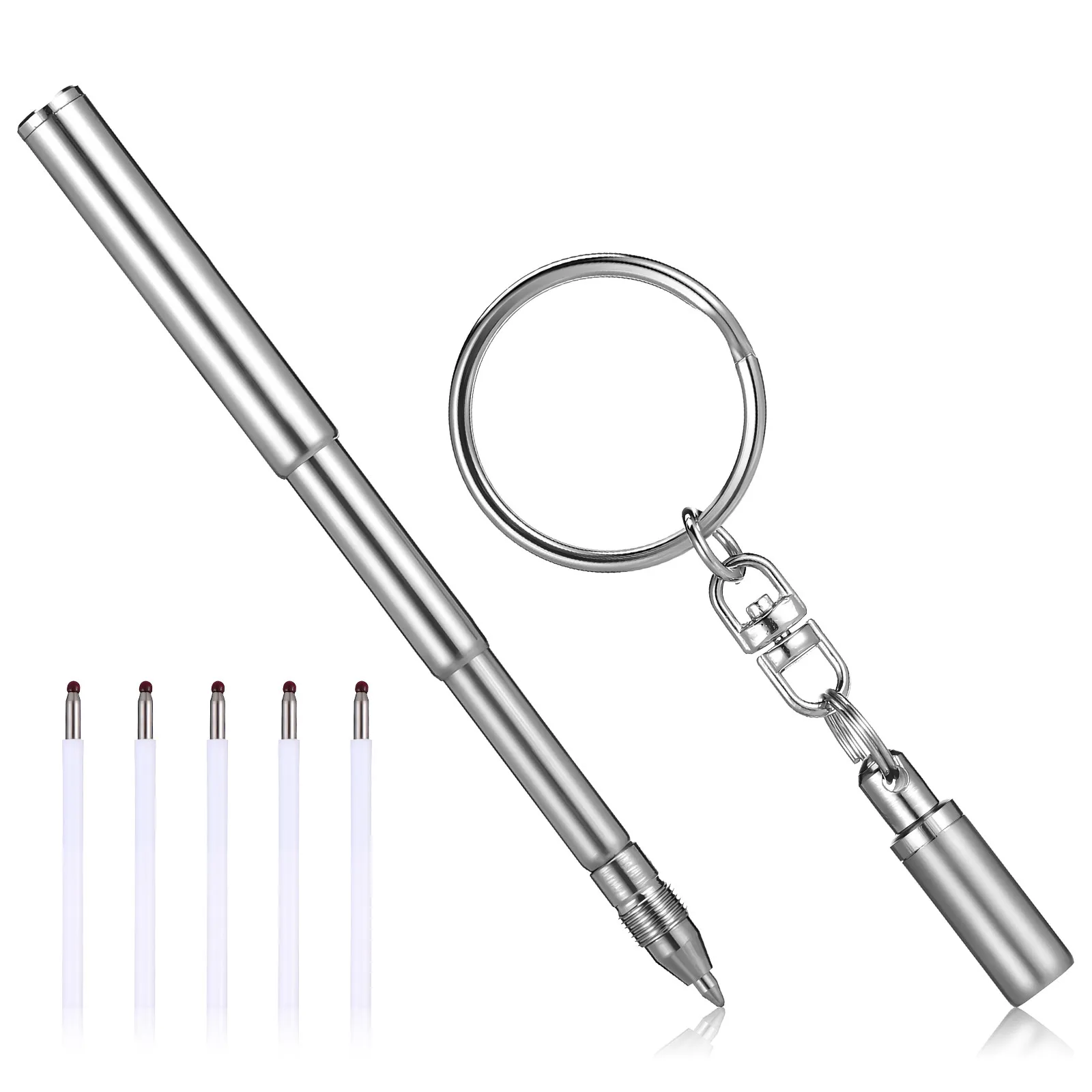 

Retractable Keychain Pen Mini Telescoping Ballpoint Stainless Steel Pocket Pen with Multiple Refills Ideal for Keys Travel Daily