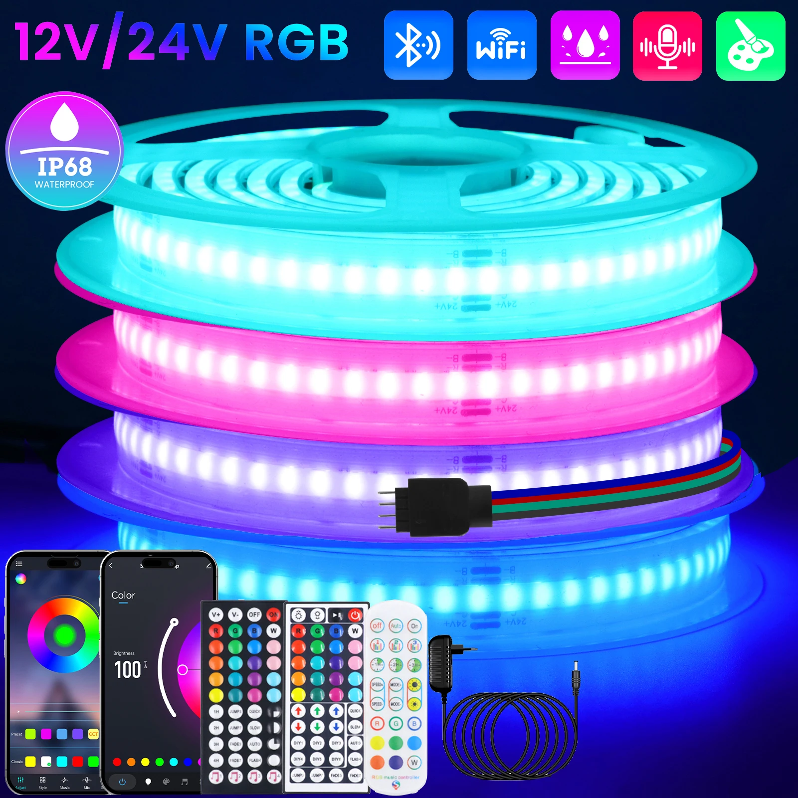 IP68 Waterproof RGB COB LED Strip Wifi/Bluetooth/44keys IR Remote Control 12V 24V Flexible LED Ribbon for Home Garden Decor