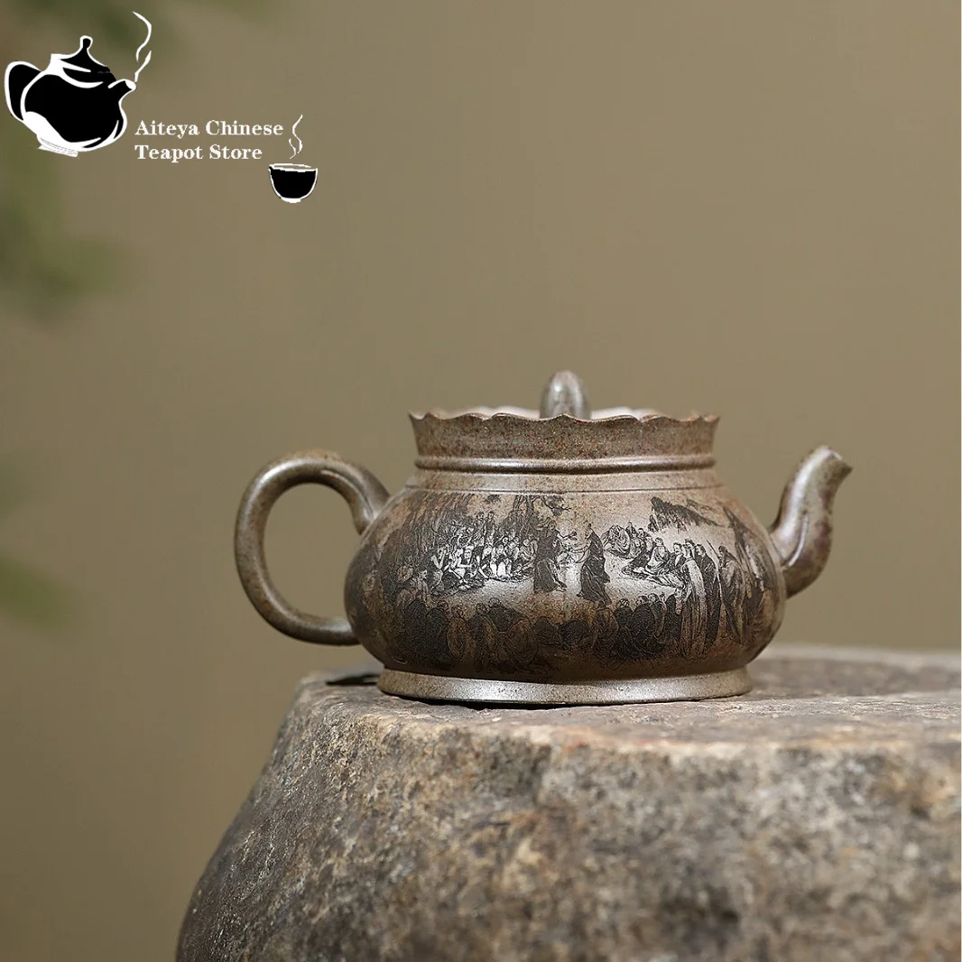 Yixing purple clay teapot raw ore, high-temperature agarwood mud, fully engraved hat teapot, tea set