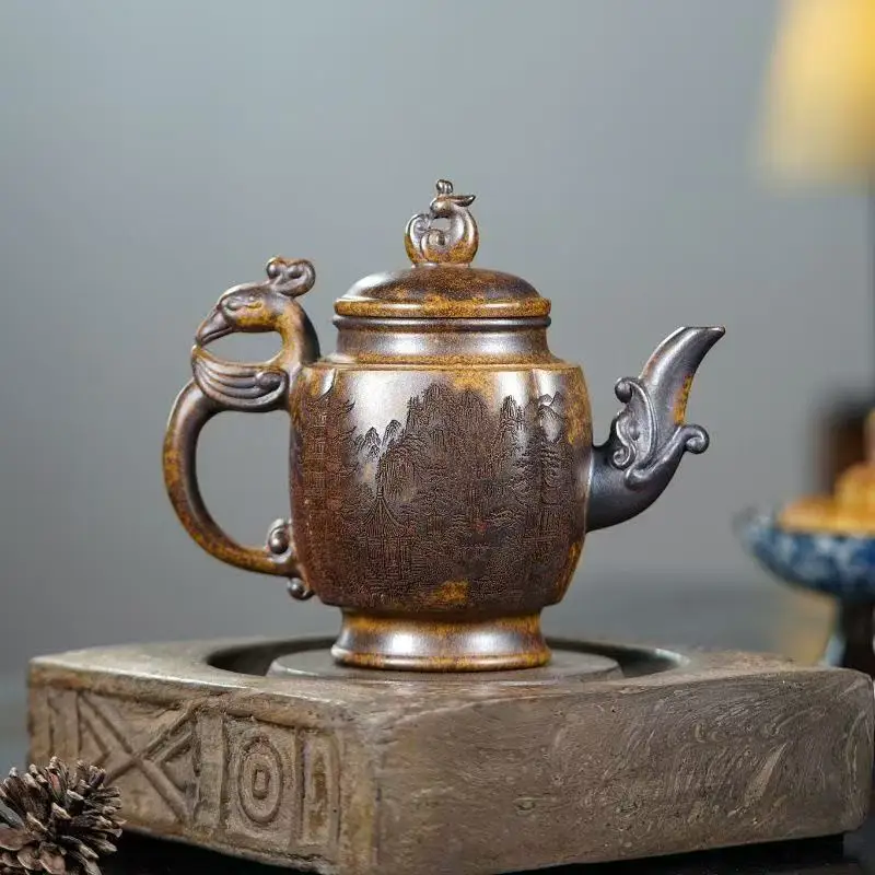 Old Chinese Handicraft Enameled YiXing Zisha (red stoneware) Teapot,auspicious bird teapot,with mark, Free shipping