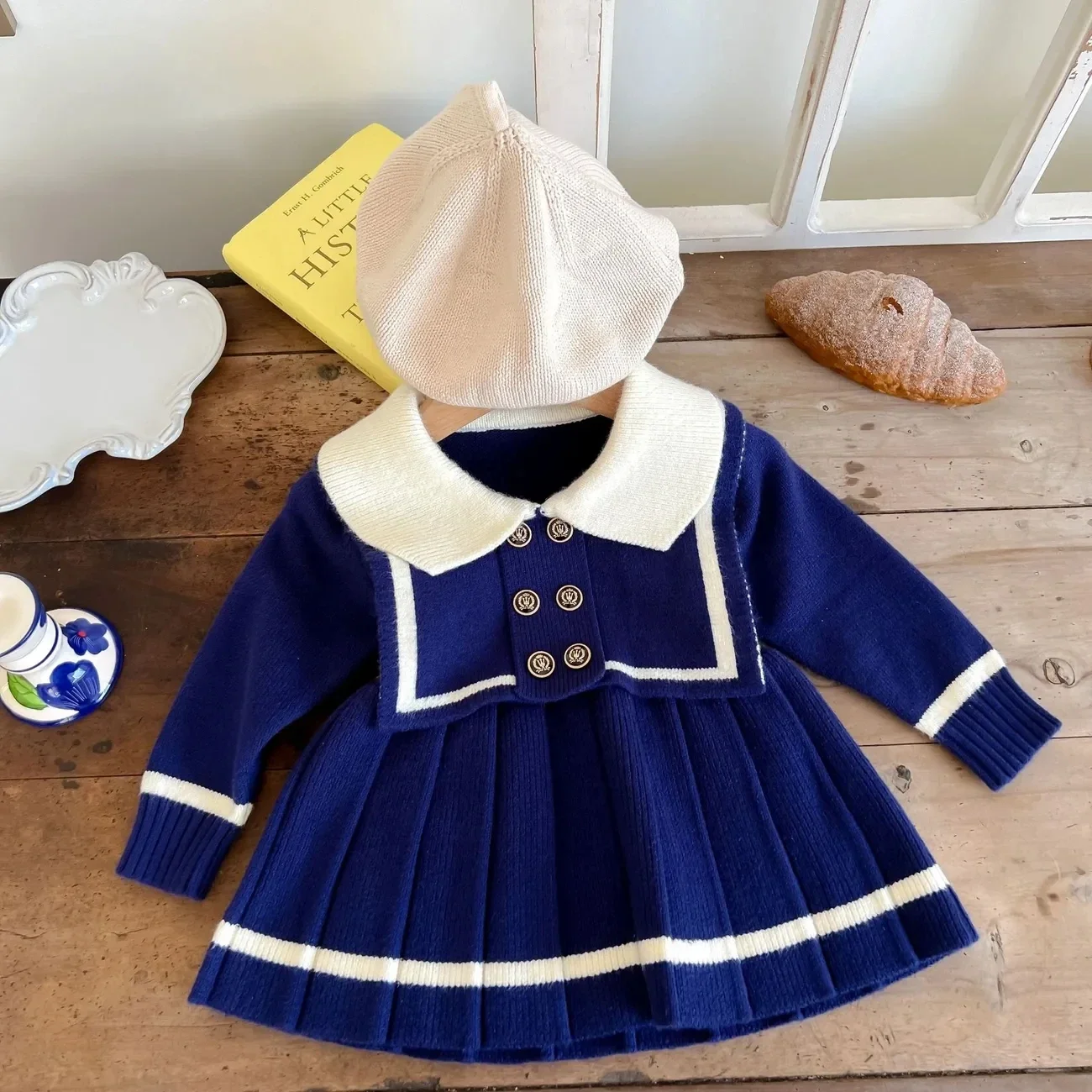 

Fashion Princess Pleated Children's Knitted Dress Girls' Autumn Dress Navy Style Dress Spring and Autumn Baby