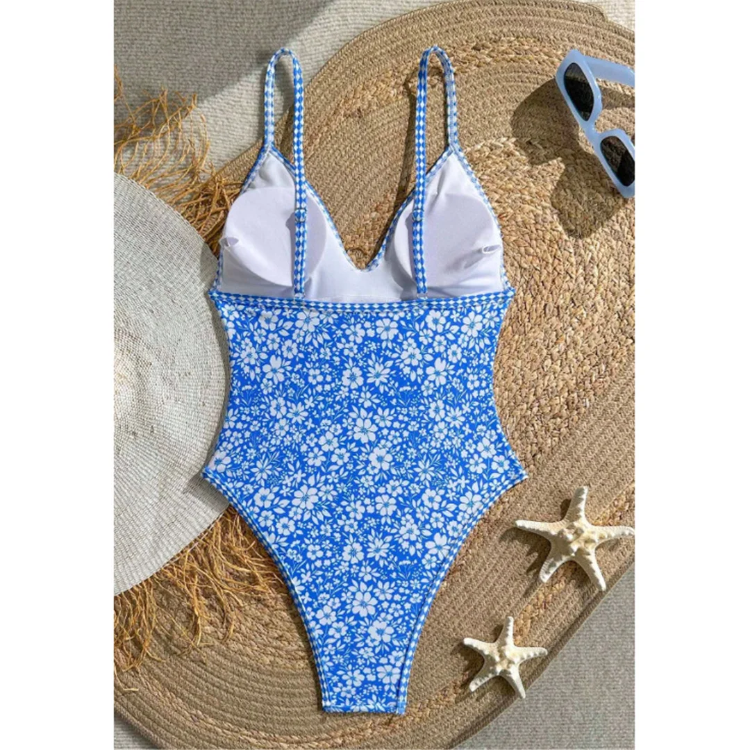 S - XL, Blumenmuster, V-Ausschnitt, einteiliger Badeanzug, Damen-Badebekleidung, Monokini, hoher Beinausschnitt, gepolsterter Badeanzug, Badeanzug, V8079. – Detail 6