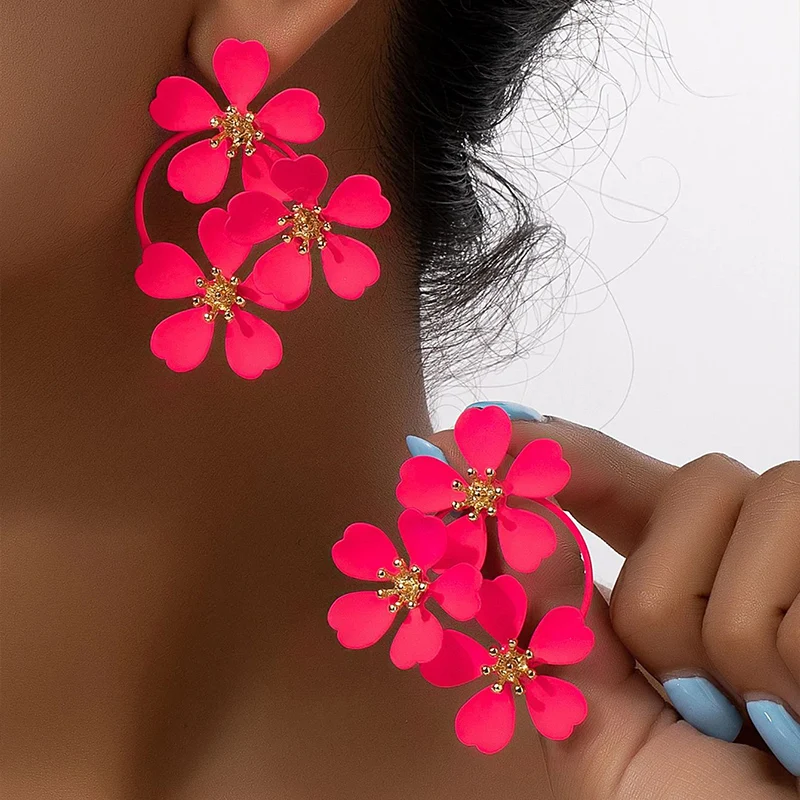 Obega Women Neon Pink Color Flowers Earring Stud Yellow Paiting Color Flower Sweet Summer Holiday Post Earrings Trendy Elegant