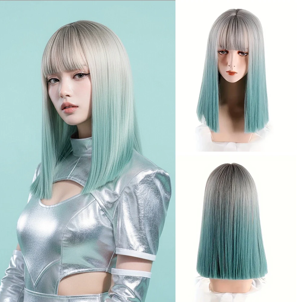 

Синтетический градиентный зеленый парик, женские длинные прямые волосы средней длины с челкой для женщин, косплей, повседневная одежда, дышащий парик