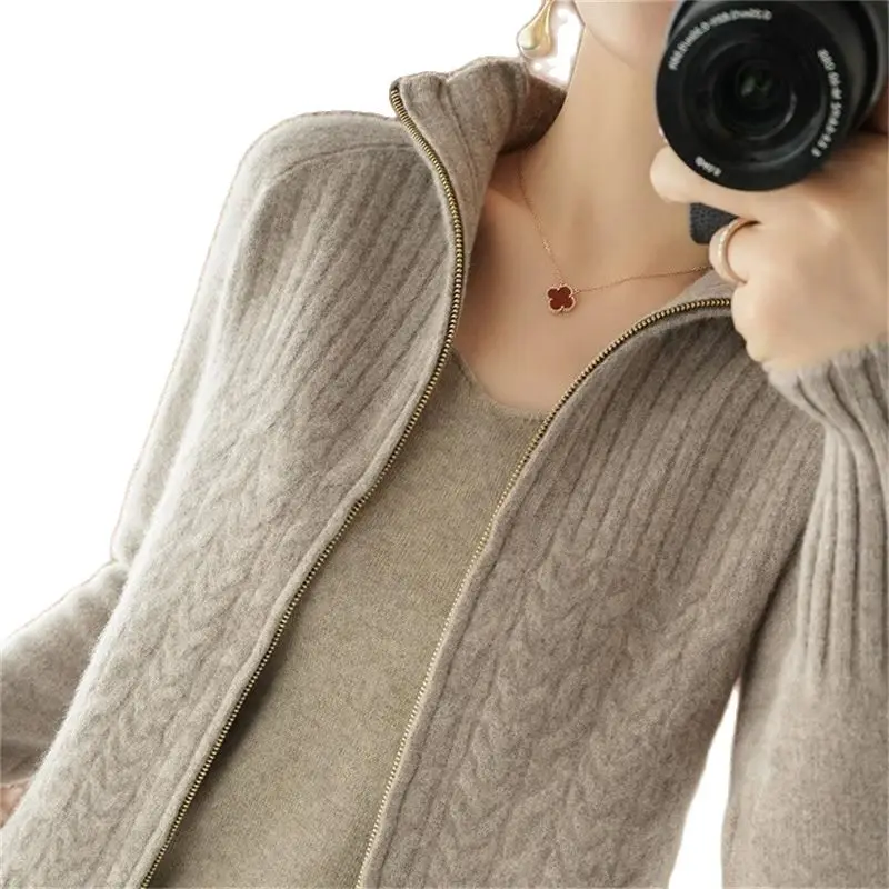 Women New Korean Zipper Sweater Cardigan 2021 Spring Autumn Female Short Loose Half Turtleneck Knitted Sweater Thread Coat A1133