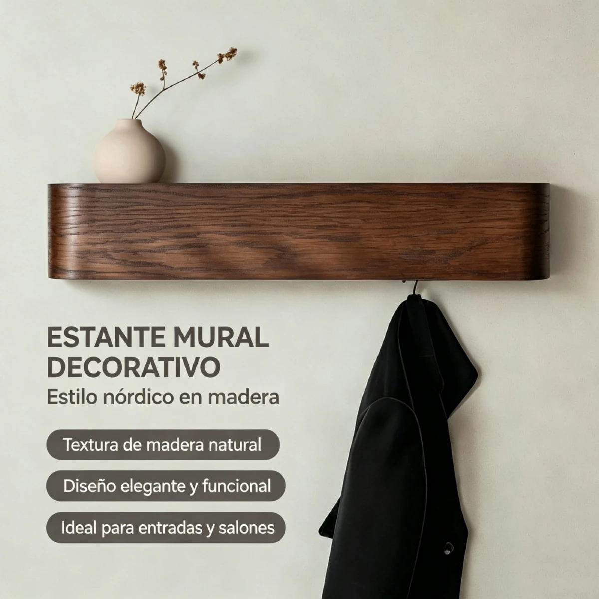 Wall Shelf with 5 Hooks Wooden Coat Rack with Shelf Floating Shelves